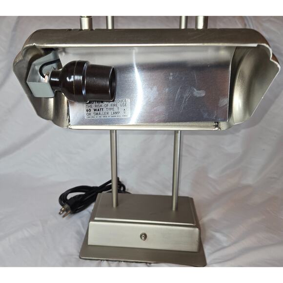 Vintage Art Deco Brushed Steel Tech Desk Lamp Outlet Plugs Phone Outlets Chrome - Picture 4 of 16